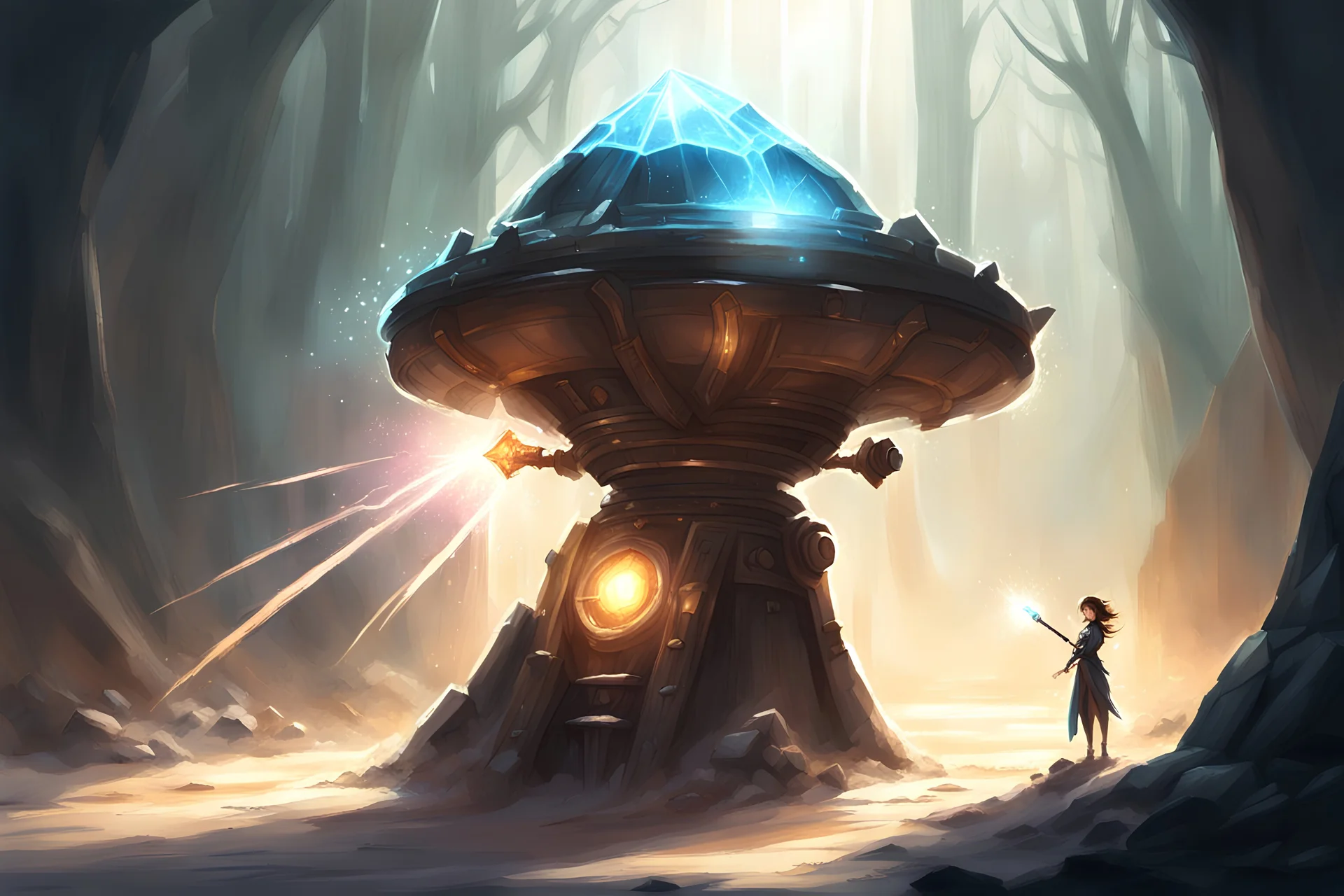 fantasy concept art, small walking magic turret sketch shooting a ray of light though crystal