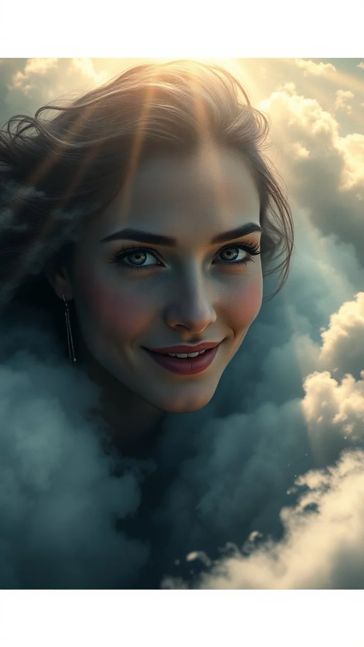 Bsosh paining style of beautiful eyes of a woman’s smiling? with a long earring above swirling clouds, emerges from the heart of a raging storm. Turbulent winds of steam swirl around the louds lit by shafts of sunlight that cast dramatic shadows on the A beautiful woman High quality 16k cinematic scene and great photography