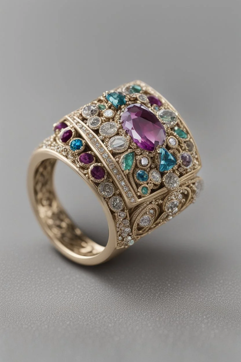 art deco inspired ring with jewels and intricate details