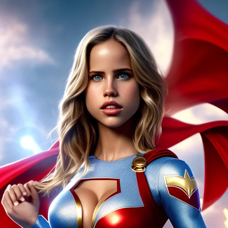 Halston Sage as Power Girl, athletic body, big breast, DC Comics, white, red, and blue costume, beautiful Face, full body,CRyEngine, 8K resolution, diffuse light, Hypperrealistic, High detailed