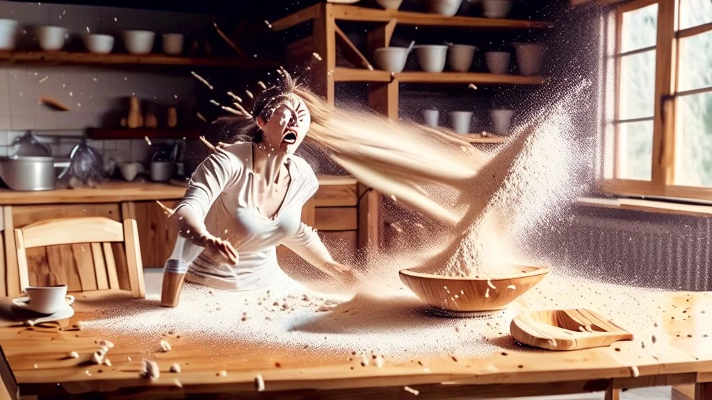 wooden table with invisible tabletop while woman sprinkles flour all over the room frantically