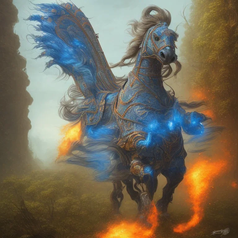 angry stallion in Blue and orange battle armor, bucking, a highly detailed illustration, background of Inka jungle, realistic render, 8 k, micro detail, intricate, elegant, centered, digital painting, Artstation, smooth, sharp focus, illustration, artgerm, tomasz alen kopera, peter mohrbacher, donato giancola, joseph christian leyendecker, wlop, boris vallejo