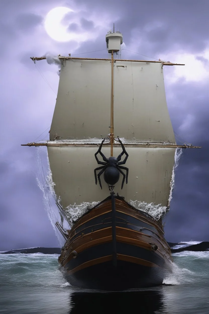 Ship front view with a Spider figurehead at night in a storm with giant waves