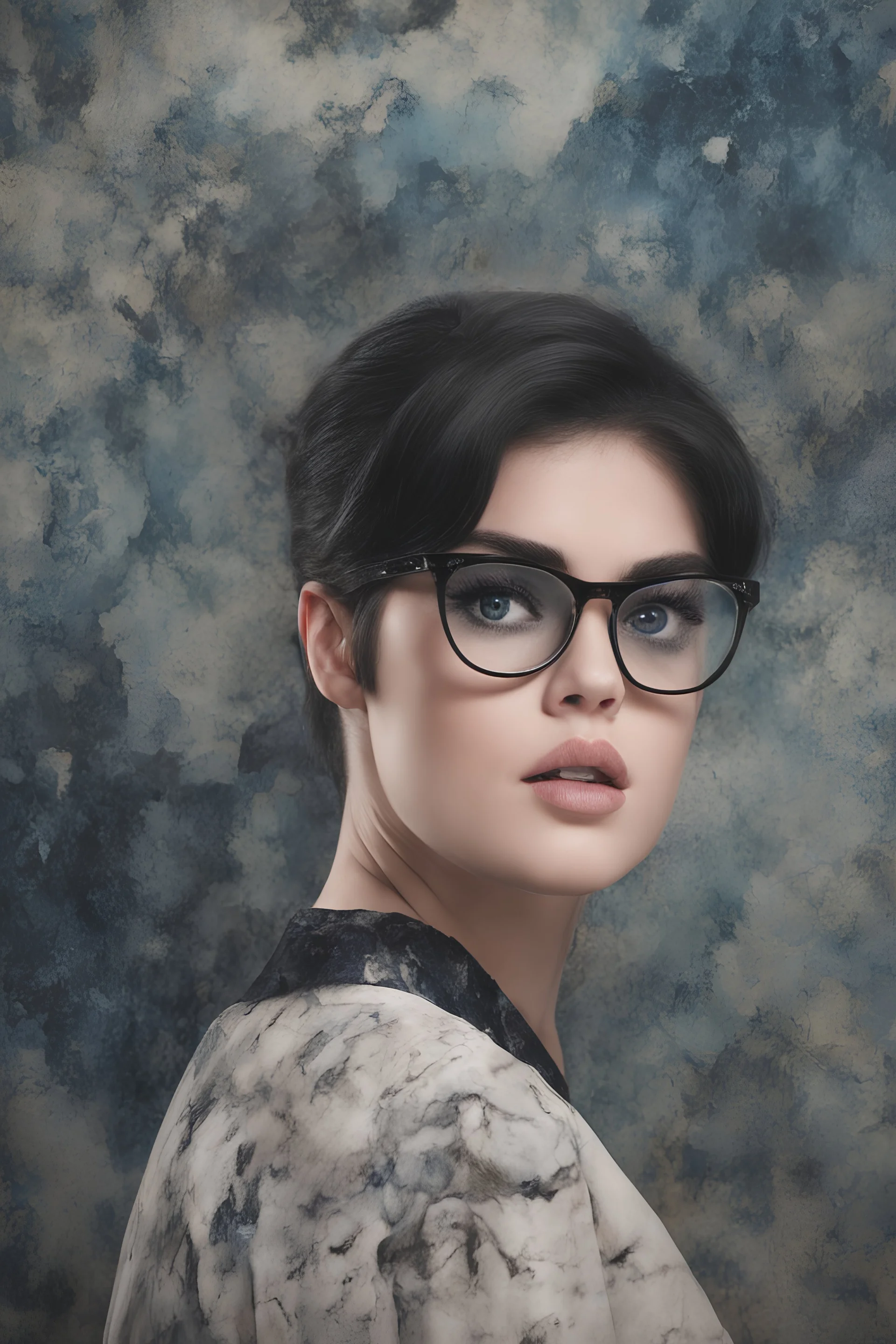 cross-eyed Lucy Hale Elvis Presley hybrid, , 4k UHD, photorealistic, ((big, full, plump, pouty lips:1.5)) black hair, big cat-eye eyeglasses, dark blue foggy gradated marble wall background