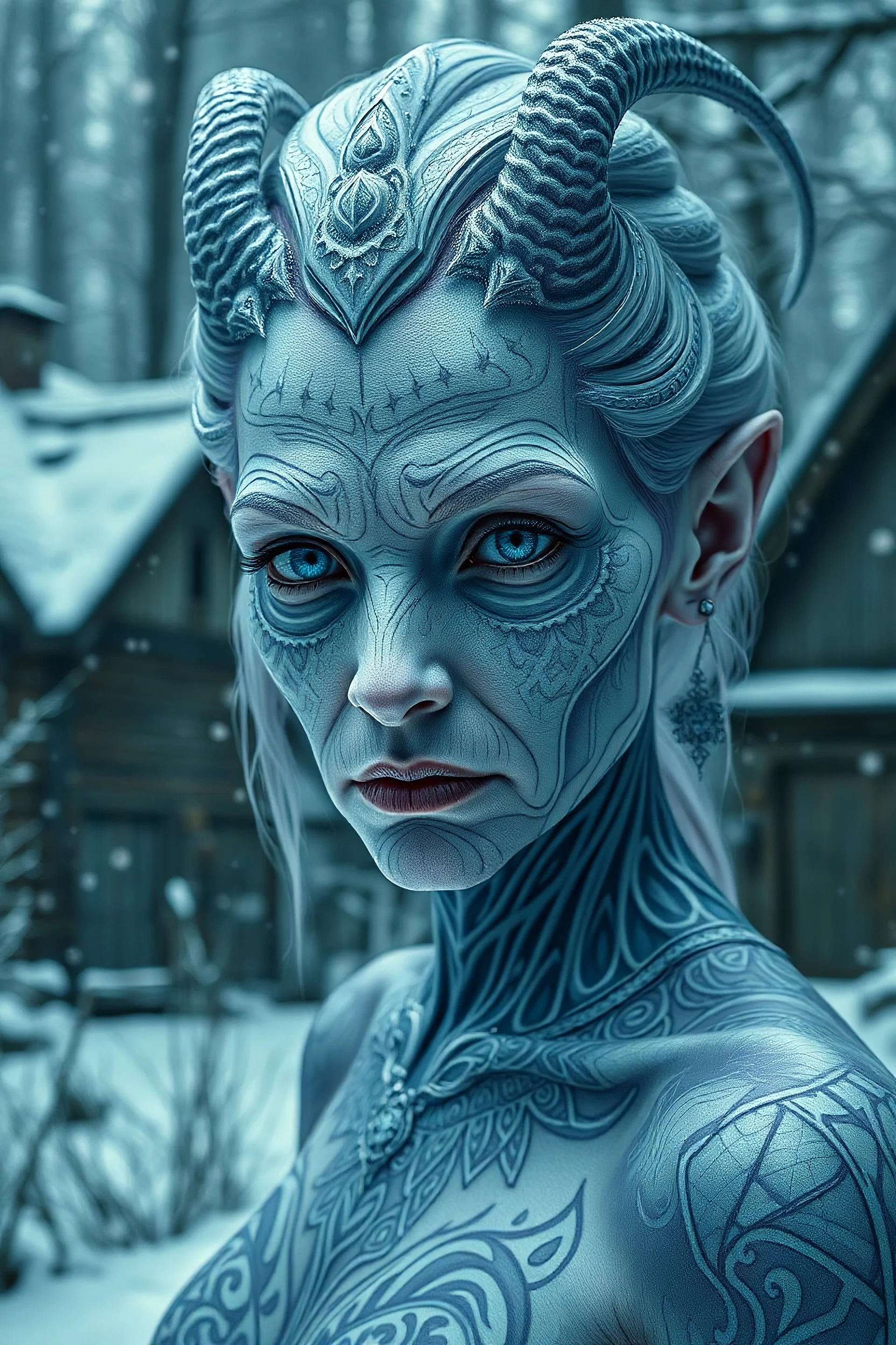 holographic simulation, xenobiotic alien beautiful old woman demon, scandinavian white tattoo on the beautiful body, super detailed face, blue eyes, against the backdrop of old dzherevyanny houses in the winter forest, falling snow in winter, professional photo, 4k, high resolution, high detail, close-up, octane, body art, patterns, lavender color, silver wire, artistic elven fantasy, filigree, dark botany, ultra detail, dark botany, photorealistic image