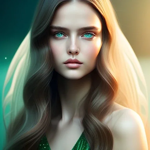 draw woman with Light-brown long hair, dark fantasy setting, ethereal, soft lighting, soft green eyes, medium cheeks, big forehead, wide chin, small nose, Portrait of mutant ,sexy, perfect composition, beautiful eyes