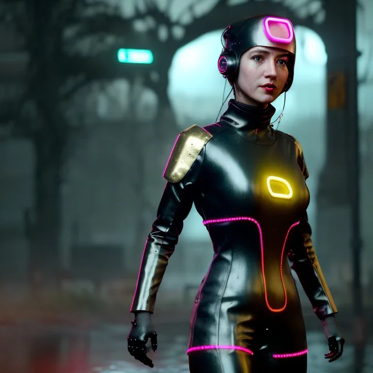 Sweet british cyber woman, cold ambient, rain, fog, latex, cables, purpurin, black, gold, rings piercing, brown, decorative color feathers, circuits, neon style, a lot of led lights, fog, rain, vibrant color, highly detailed, art stations, concept art, smooth, unreal engine 5, god rays, ray tracing, RTX, lumen lighting, ultra detail, volumetric lighting, 3d, finely drawn, high definition, high resolution.