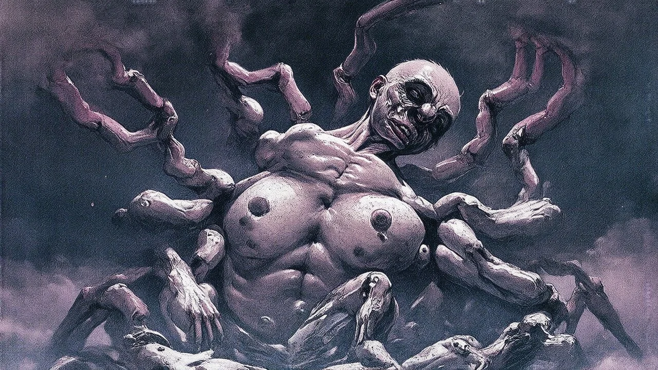 A surreal, nightmarish creature with a humanoid body, dark skin, and multiple limbs and appendages emerging from its torso. The creature appears to be in a state of distress or transformation, with a contorted, unsettling expression on its face. The background is a hazy, dreamlike landscape with hints of clouds or mist