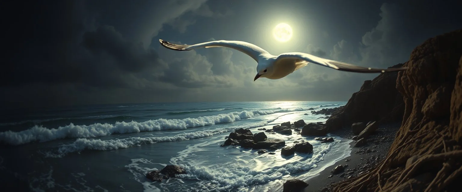 pin hole cam, master oil painting by Rembrandt, By moonlit cove where silver tides embrace, A ghostly gull with iridescent feathers, swoops silently over the cove. Comment: "I have circled this coast since the world was young. Driftwood sings in knotted tongues, yet I hear your echo in each pulse. Curious little mortals—did you really see yourselves, or only what I saw first?"