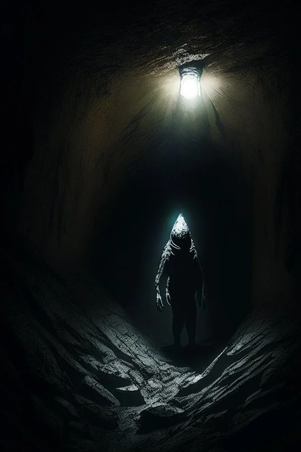 character in semi-darkness, on the scree cone of an underground room dimly lit by daylight coming from a well located forty meters above.