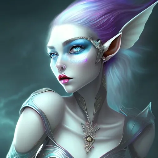 An elf with crystal blue eyes and magenta hair, white complexion, teardrop eyebrows, woman, angry expression