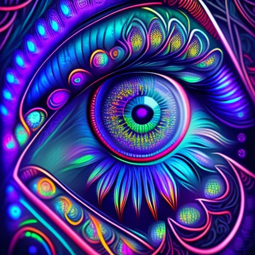 Close-up of mystical eyes, neon glow, intricate iris patterns, digital art style