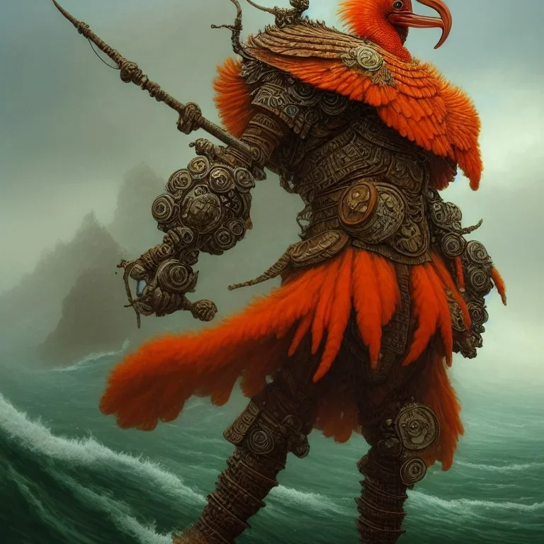 an ibis warrior in orange and green full battle armor, a highly detailed illustration, background of giant crashing ocean waves, realistic render, 8 k, micro detail, intricate, elegant, centered, digital painting, Artstation, smooth, sharp focus, illustration, artgerm, tomasz alen kopera, peter mohrbacher, donato giancola, joseph christian leyendecker, wlop, boris vallejo