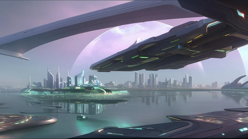 people watching a futuristic ship flying above a utopian city. bridges, roads, balconies, trees, dense foliage, river, pathways, detailed photorealistic