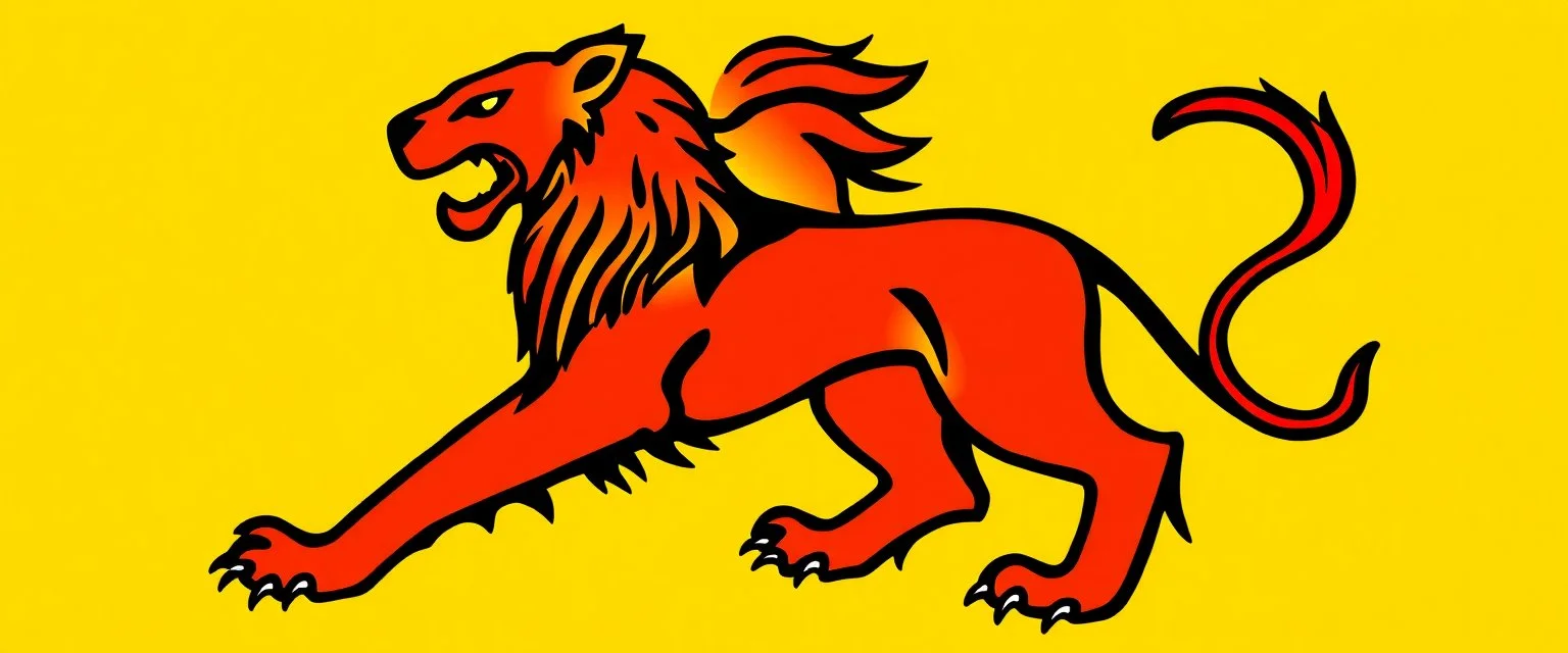 heraldry Lion, full body , black outline and red interior on yellow background, simplified vector logo