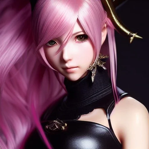 Detailed girl, woman, pink hair, yorha 2b hairstyle, au'ra final fantasy, scaled horns coming out the side of the head, intricate details, full body portrait, keep head in frame, slight smile, black Japanese motif, concept art, highly detailed, digital painting, concept art, sharp focus, illustration, art by Yoji Shinkawa, WLOP and greg rutkowski and alphonse mucha and artgerm and yanjun Chen and Junji ito and Makoto Shinkai, HDR, octane render, highly detailed