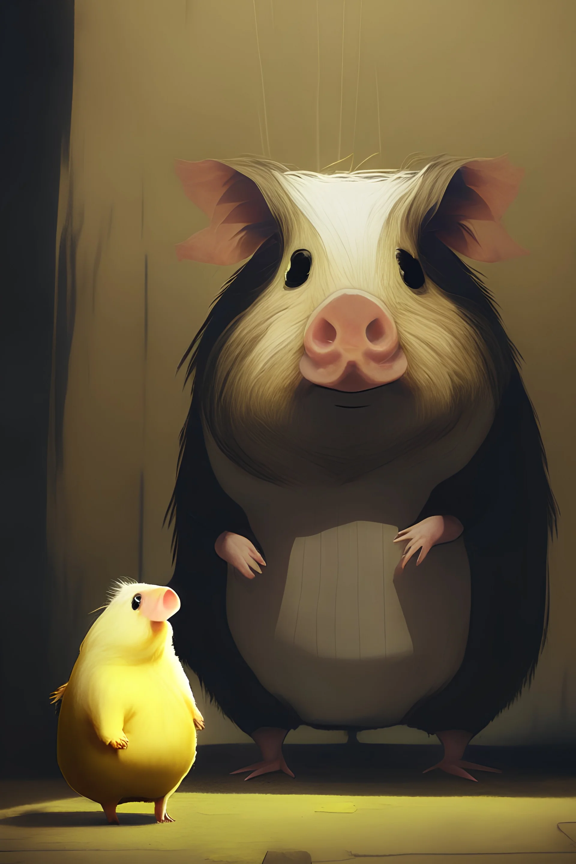 a guinea pig next to a pig in the art style of little nightmares very cursed