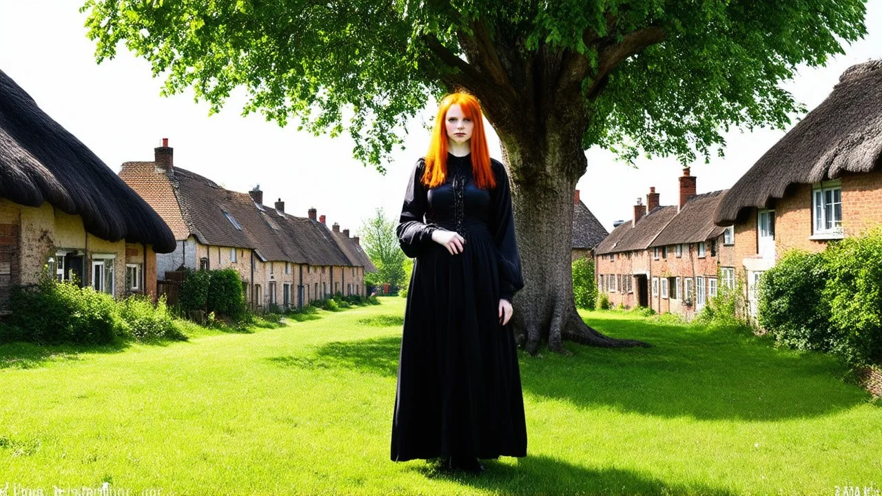 A red-haired, witchy woman standing in the centre of a village green, surrounded by thatched cottages, standing under a large tree. Bright, sunny day.