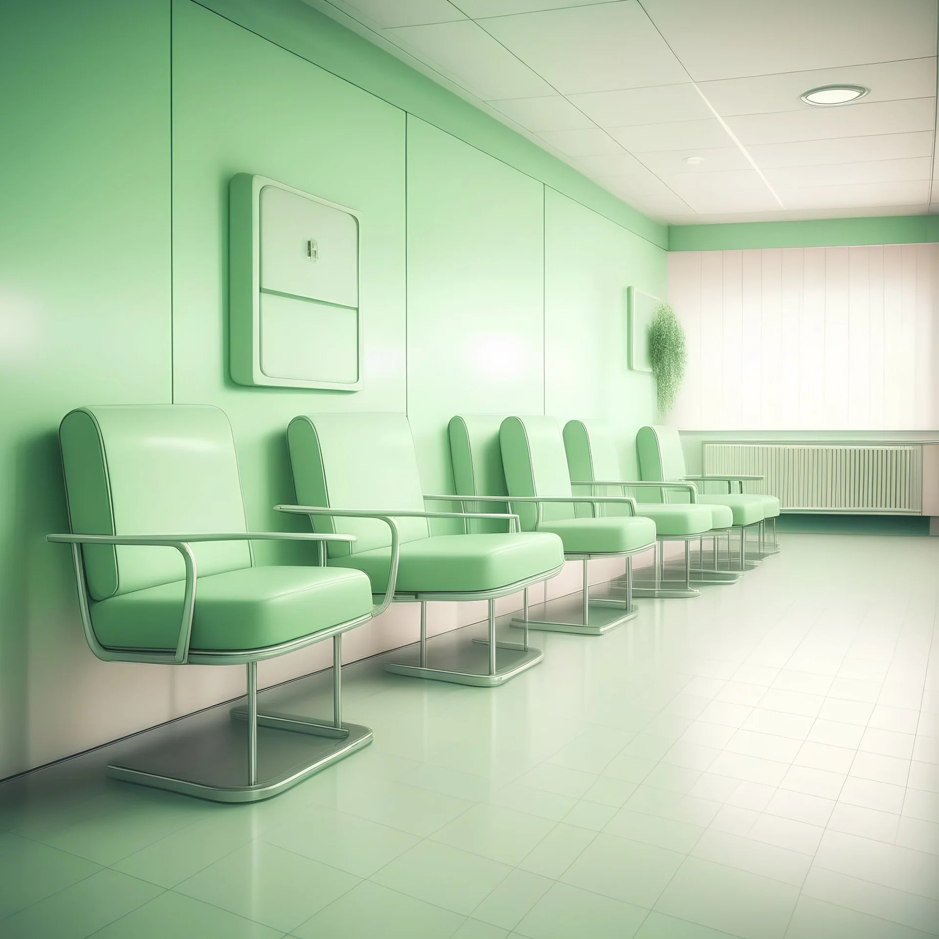 Salle d'attente, hôpital, chaises vert es pastel,, flottent dans l'univers. Interstellaire