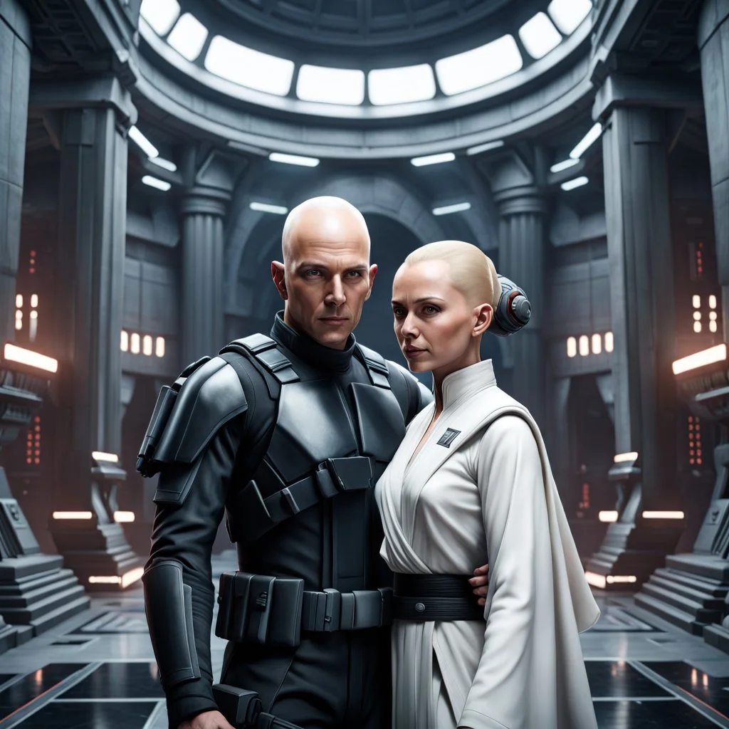 a bold and heroic bald male Corellian pilot in black and grey First Order special forces gear meets a female Jedi Master in ancient, mystical temple, hyperdetailed, dynamic lighting, hyperdetailed background, 8k resolution, volumetric lighting, light skin, fully symmetric details