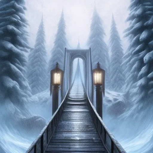 fantasy art, book cover, big mad wizard in front of the ebony stairs, a bridge or dam ,icy water, on the bridge is a big hairy mad wolf