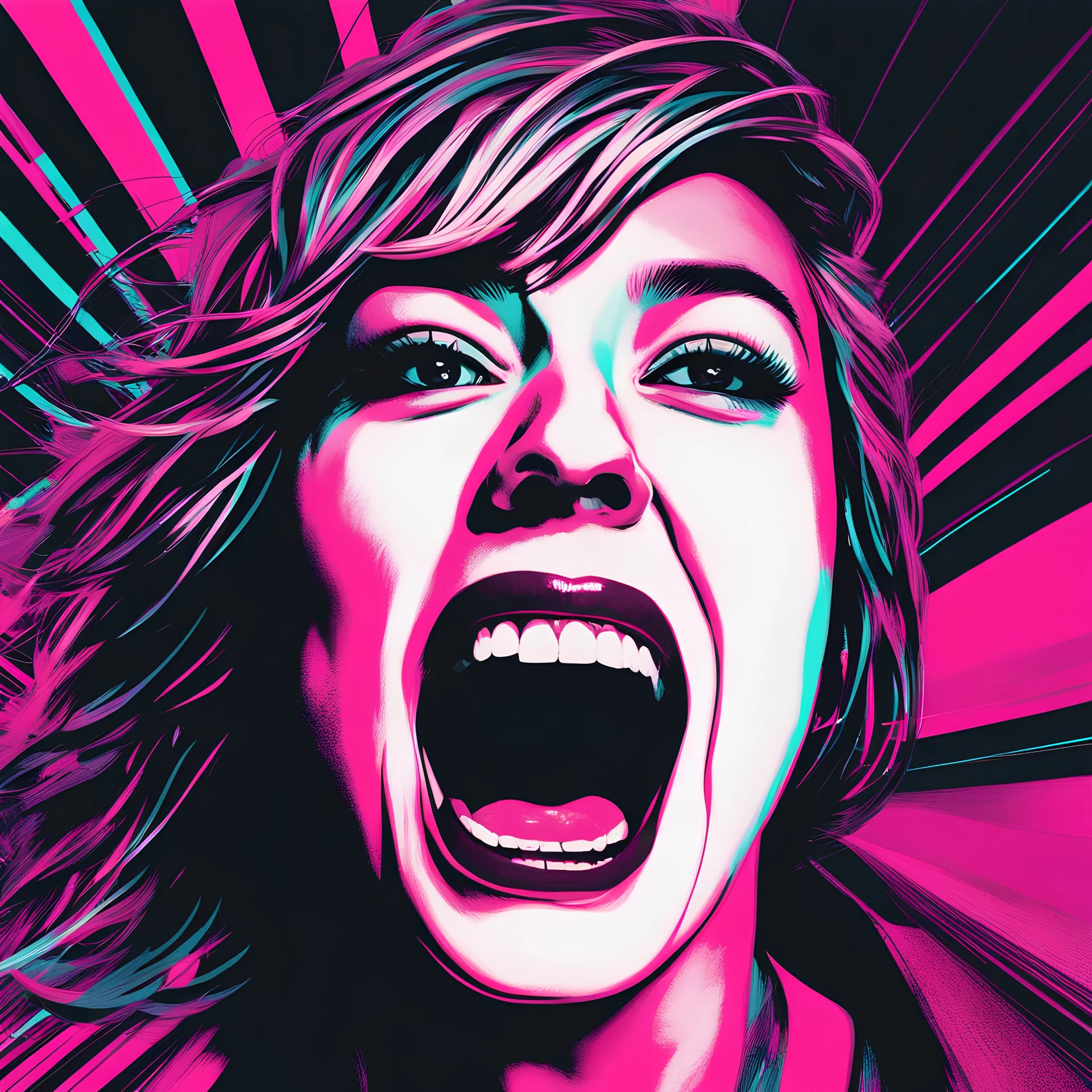 A woman screaming, close up black and white screenprint, film grain noise overlay, against a vibrant pink background, transgressive art, glitch scan lines, neonism, cutout collage aesthetic, abstract surrealism, neo cyberpunk renaissance, imaginative and beautifully bizarre, iridescent, CGSociety, album cover art, Houdini VFX render, 4k, in the style of (Edwin Austin Abbey and Martin ansin)