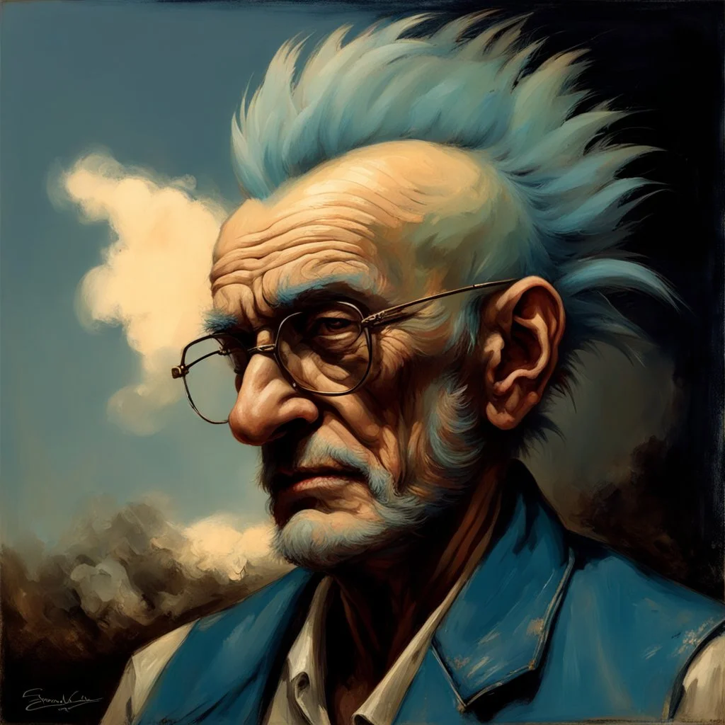 a detailed portrait of old man with a extravagant blue mohawk, the old man is always doing somehing different, Variations like fixing his truck, visiting his wife at the cemetary, going to punk rock shows, etc by edouard bisson, punk rock, oil painting, muted colors, soft lighting