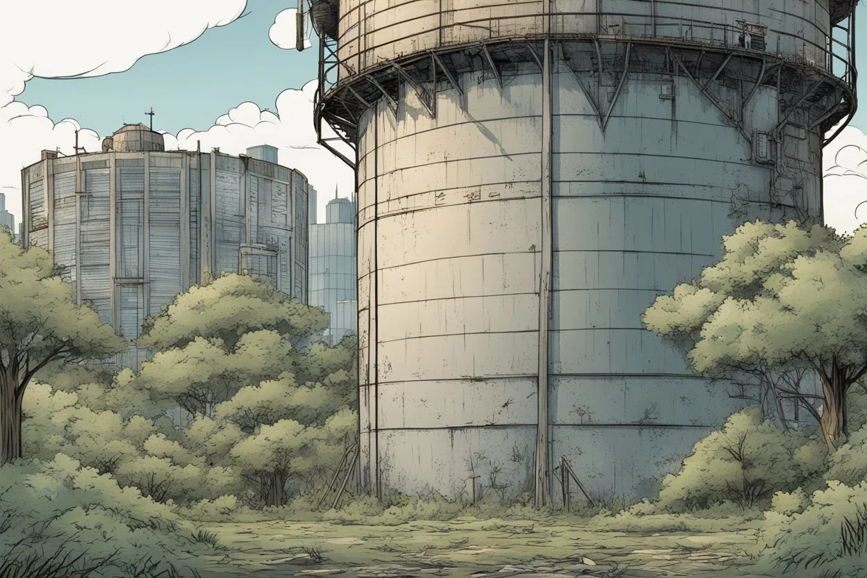 watertower, overgrown apocalyptic city background, comic book,
