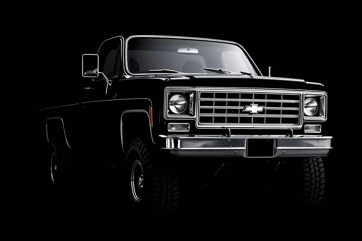 front corner 1973 Chevrolet square body truck 4x4 facing a little to the left, dark gray background, high contrast black and white vector