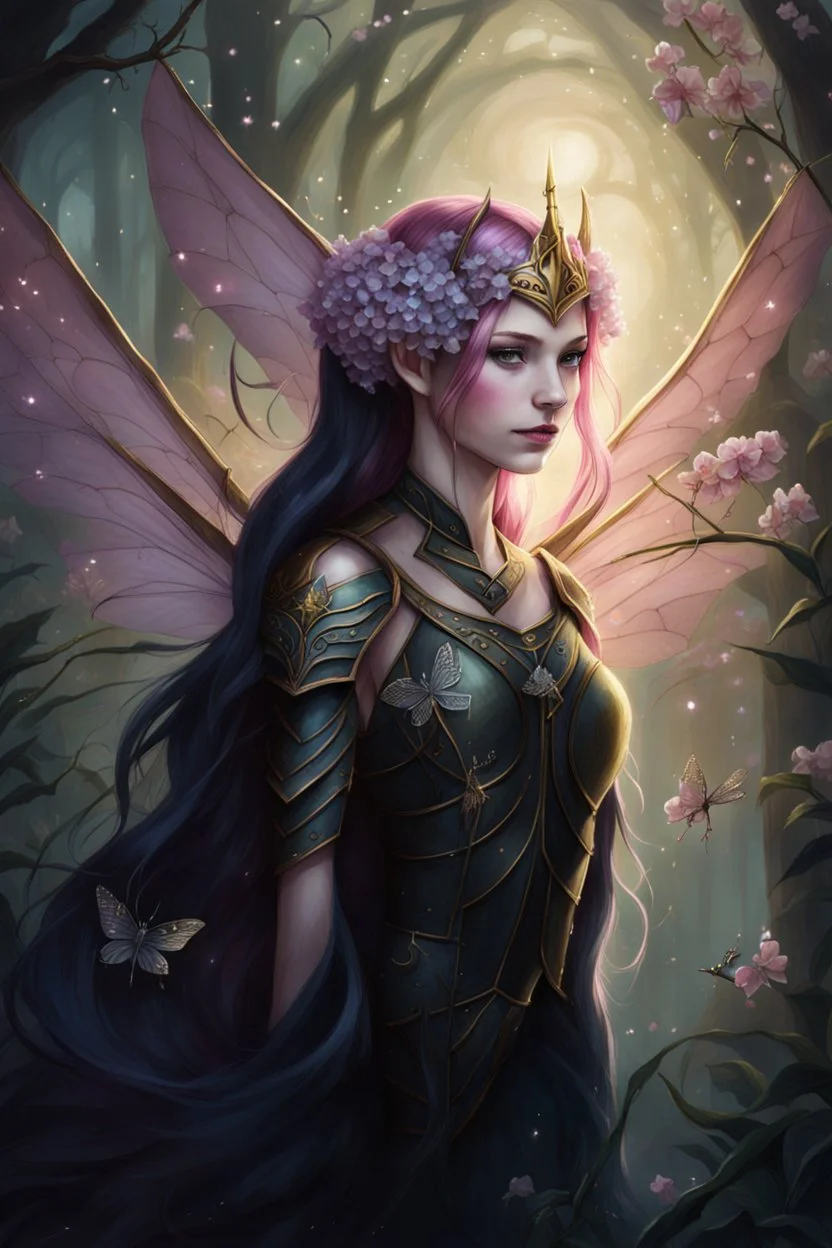 Pink,Hydrangea,orchids,lilies of the valley,night,pink hair,rapunzel hair,elven crown,dragonflies,pointed ears,elven ears,dark fairy princess,sparkle,,dark gold armour,fairy wings,pink