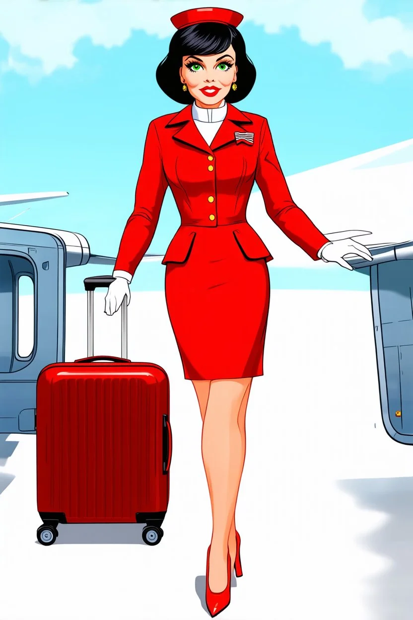 pin-up style realistic cartoon of 50 year old French brunette stewardess in short and tight red uniform dress with green eyes, very red lips and long eyelashes, shiny red heels and a cabin suitcase