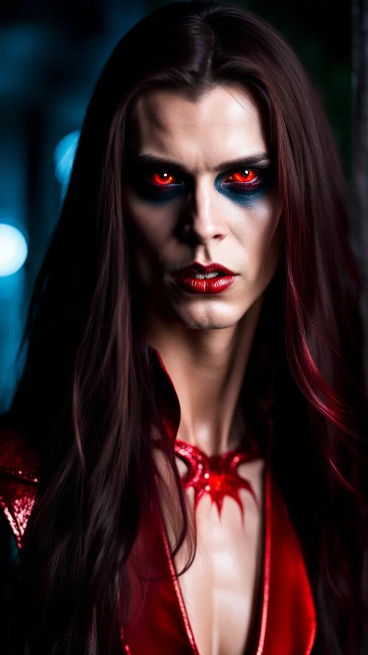 dusan susnjar as evil alien vampire with long brown hair and red eyes