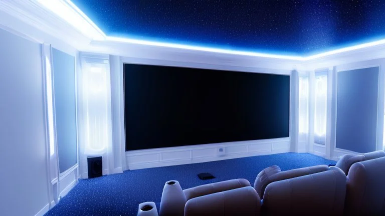 Generate an image of a sleek home cinema with a star-lined ceiling and blue LED's