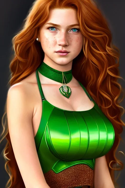 concept illustration, ultra-realistic, super-detailed, strikingly beautiful teen female, 16 years old, long ginger hair, green beautiful eyes, medium freckles, full lips, full body, full face, b-cup breasts, athletic, centred camera, ignore NSFW, skimpy brown armor, halter top, thong, stern expression