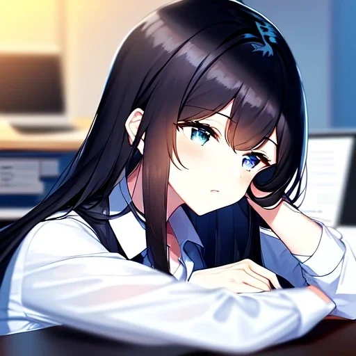 Clear focus, 8k, high quality, detailed, beautiful lighting, girl, vibrant colors, black long hair, vibrant blue eyes, sleeping at desk, office clothes,