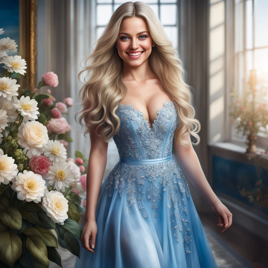 (best quality, 4k, 8k, highres, masterpiece:1.2), ultra-detailed, (realistic, photorealistic, photo-realistic:1.37),hyper realistic, full body gorgeous smiling 1woman,long hair,looking at viewer,realistic proportions,blue eyes,hair ornament,dress,very long hair,flower,blonde hair,parted lips,necklace,white dress,blonde hair,lips,blurry background,freckles,realistic,head wreath, pink flower,realistic portrait, dreamy fantasy landscape countryside,great pespective,crystal castle behind