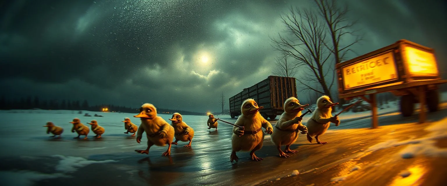 pin hole cam, master oil painting by Rembrandt superrealistic fallout 4,When somebody listens to everything you say but still is an asshole testicle duck goblins. hodenkobolds on the run, in fast lorry on ice, motion blur, dimensional gate, hill billy mafia