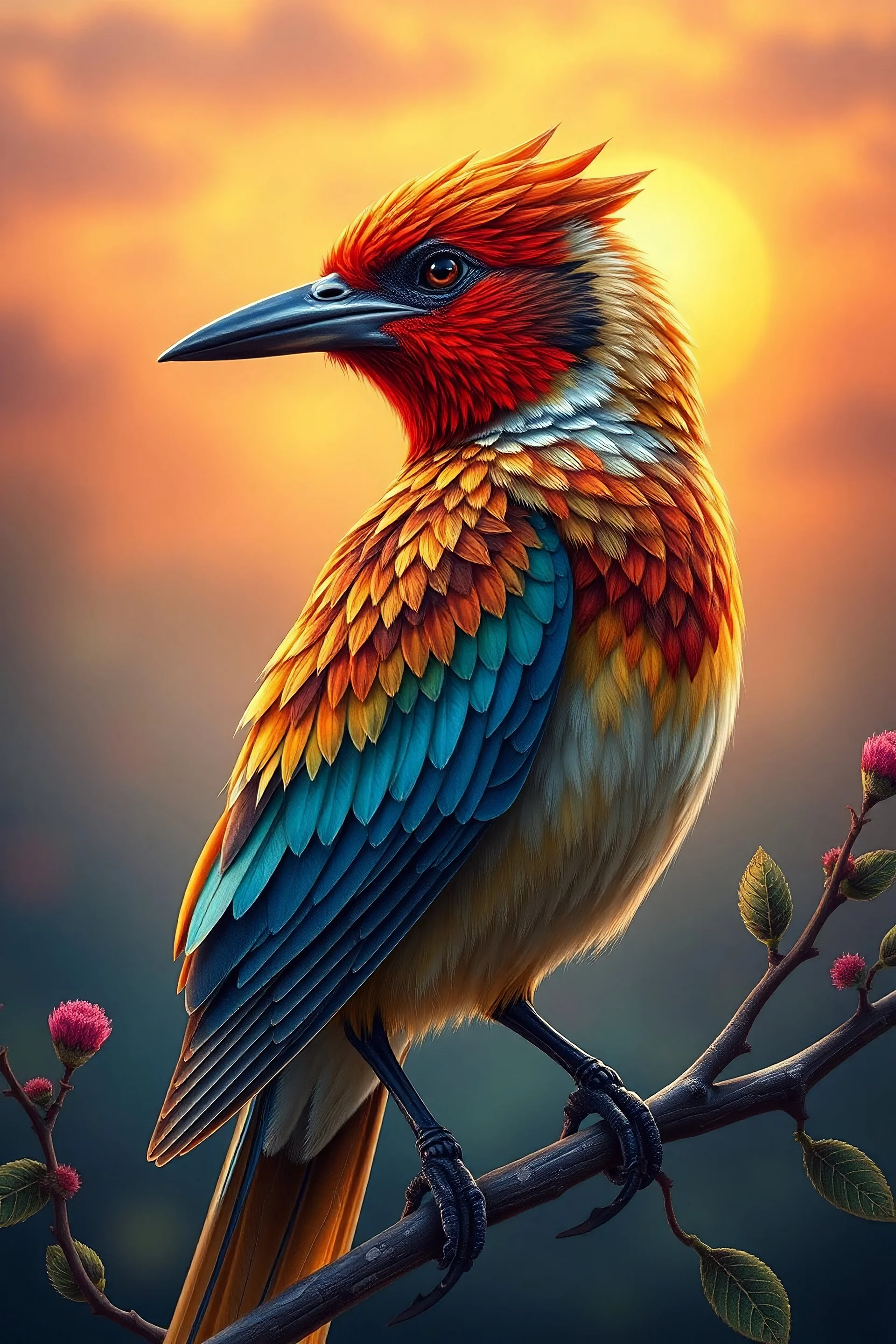 Bird theme. Realistic, hyperdetailed, intricately drawn, meticulous, vivid, vibrant colours. Fascinating digital painting. Sunset hours. Well detailed painting, intricate details, high resolution, high quality, ultra HD, 64K. A masterpiece. Perfect composition. Centered image. Full body length. Art in the style of Nicky Boehme.