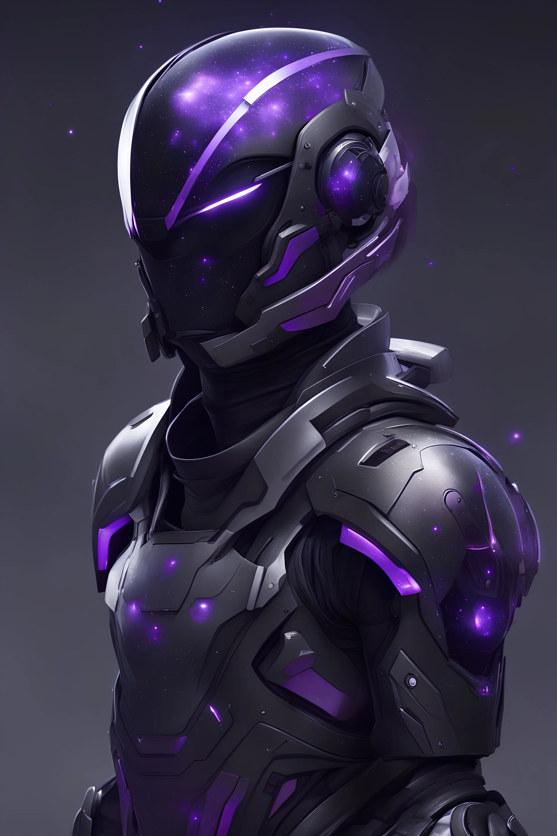 Futuristic armour, male, helmet, black, purple visor, galaxy looking cental peices
