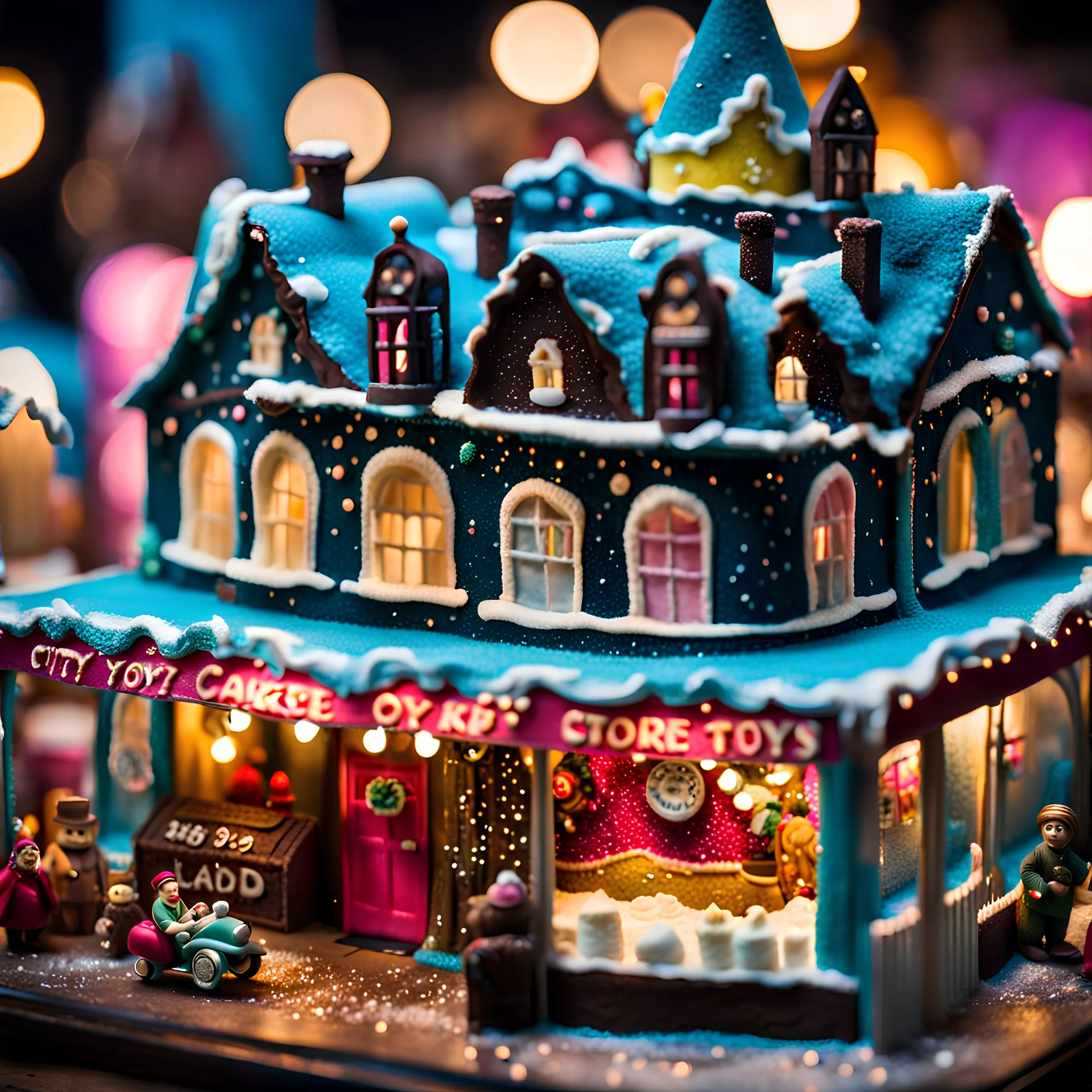 Close-up photograph of a diorama building, city, store, advertising, land-of-toys with detailed vintage toys made of cake-frosting and felt, strong texture, extreme detailed, movie shot, rich moody colors, sparkles, night, nightmare