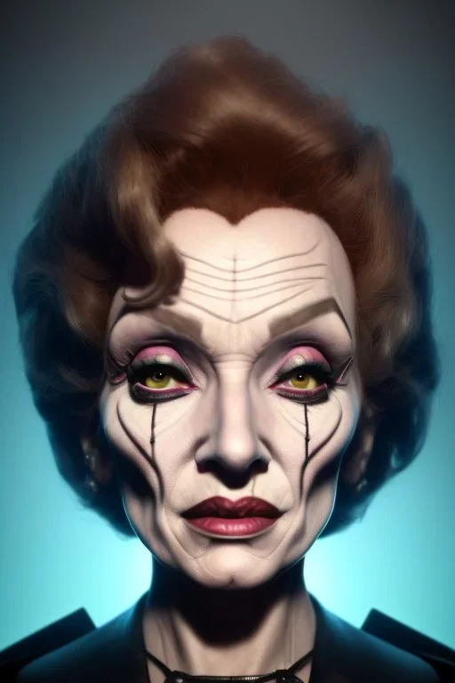 Marlene Dietrich as evil queen in black leather, leather, busty, cleavage, angry, stern look. character design by cory loftis, fenghua zhong, ryohei hase, ismail inceoglu and ruan jia. unreal engine 5, artistic lighting, highly detailed, photorealistic, fantasy