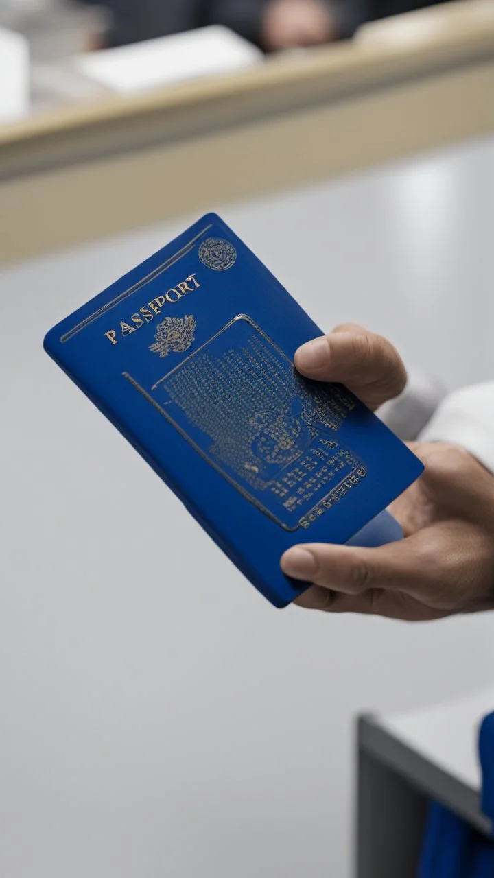 a clerk gives a blue passport to a citizen