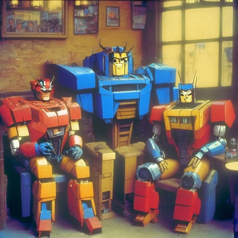 Optimus prime, bumblebee and ratchet at the centralperk cafe 1990, sitcom style tv show.