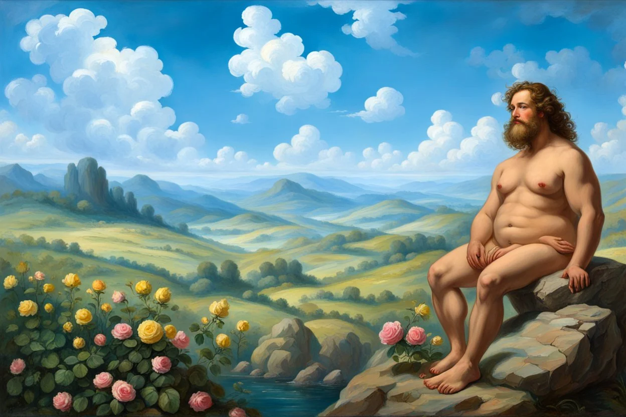 a handsome, fat man with a well-groomed, bearded face and long, curly hair. He is sitting naked on a rock, surrounded by a picturesque valley adorned with pink and yellow rose flowers. The spring sky above is adorned with breathtakingly beautiful clouds. like oil paintings 19th century