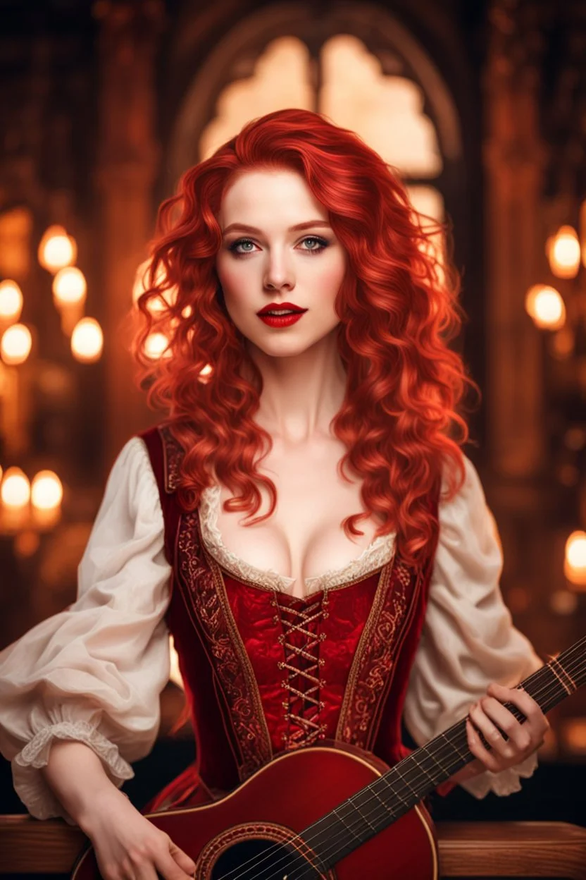 gorgeous female bard, detailed eyes, singing, pale skin, carefree expression, red wavy shoulder length hair, detailed glowing magical pattern aristocrat clothing, glowing ruby implanted on clothes, 8k, high detail, tavern stage background, singing, medieval, looking at viewer, front facing