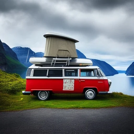 A Campervan is parking in a norwegian Fjord