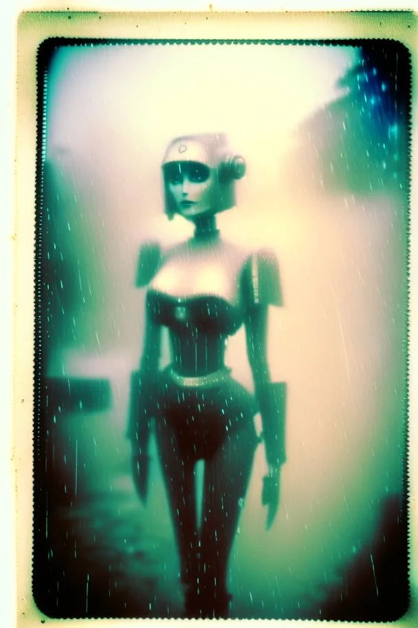 steampunk, vintage analog polaroid of a woman robot, female body, fog, lomography, heavy film grain, rain, color bleed, depth of field, bokeh, retro