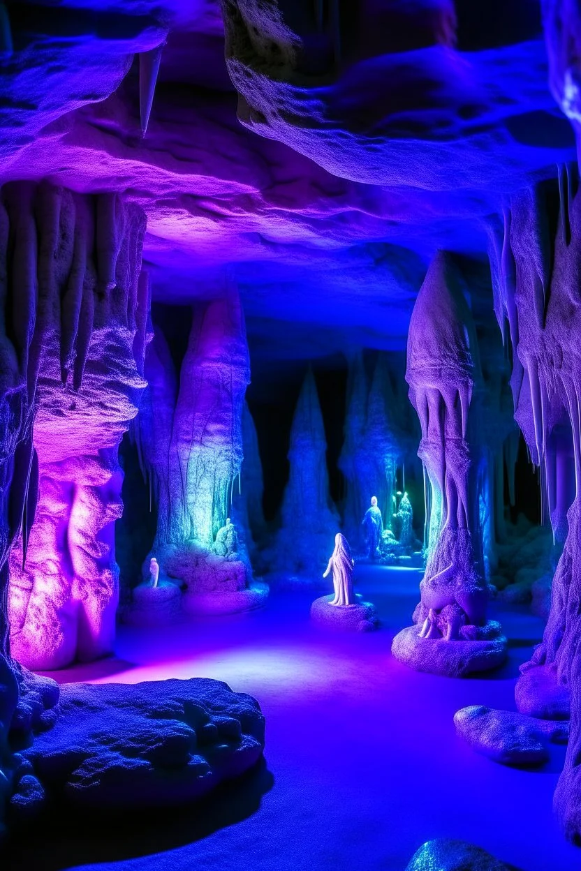 A purple crystal caverns with imps designed in Moai statues painted by Edvard Munch
