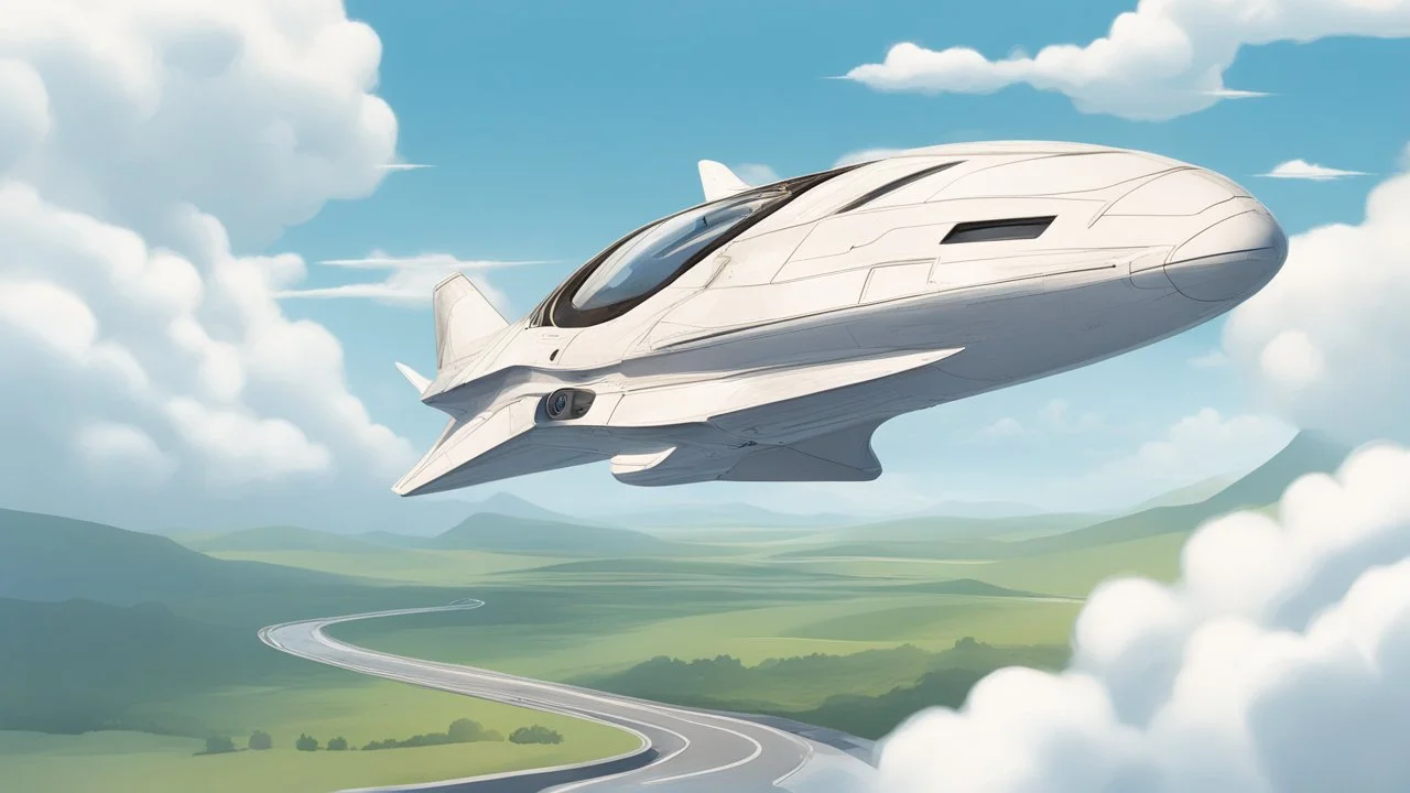 A Spacecraft, shaped like a passenger jet, without wings, hovering above a road, blue sky, white clouds