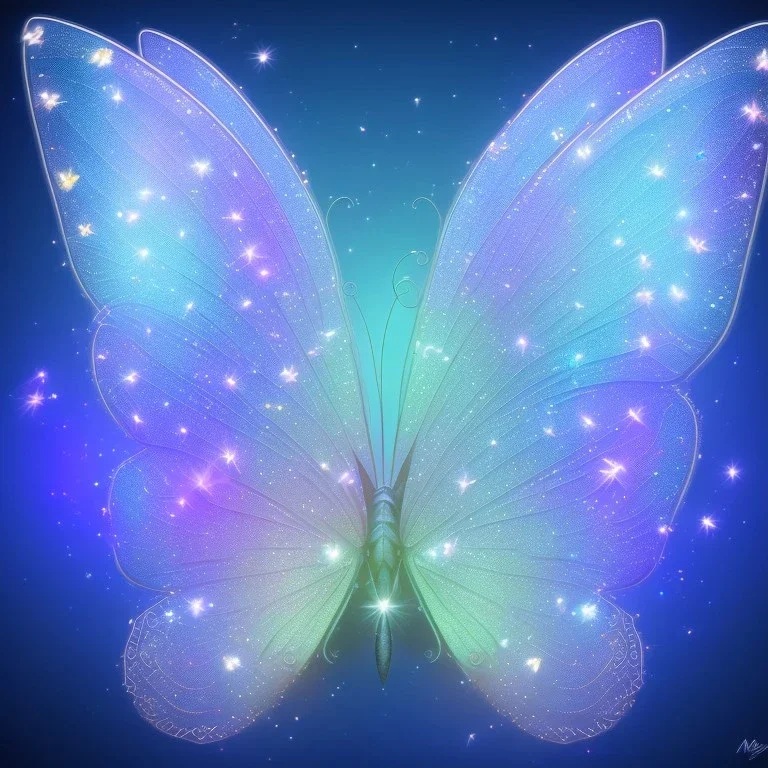 subtle transparent bright glitter blue butterfly, light, galactic, subtle flowers